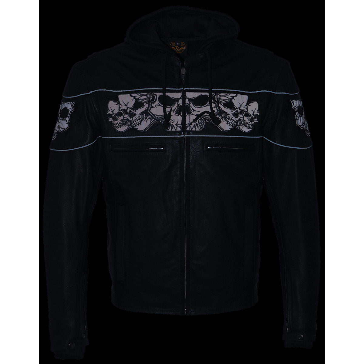 Milwaukee Leather MLM1563 Men's Black Leather Scooter Style Motorcycle Jacket with Reflective Skulls w/ Hoodie