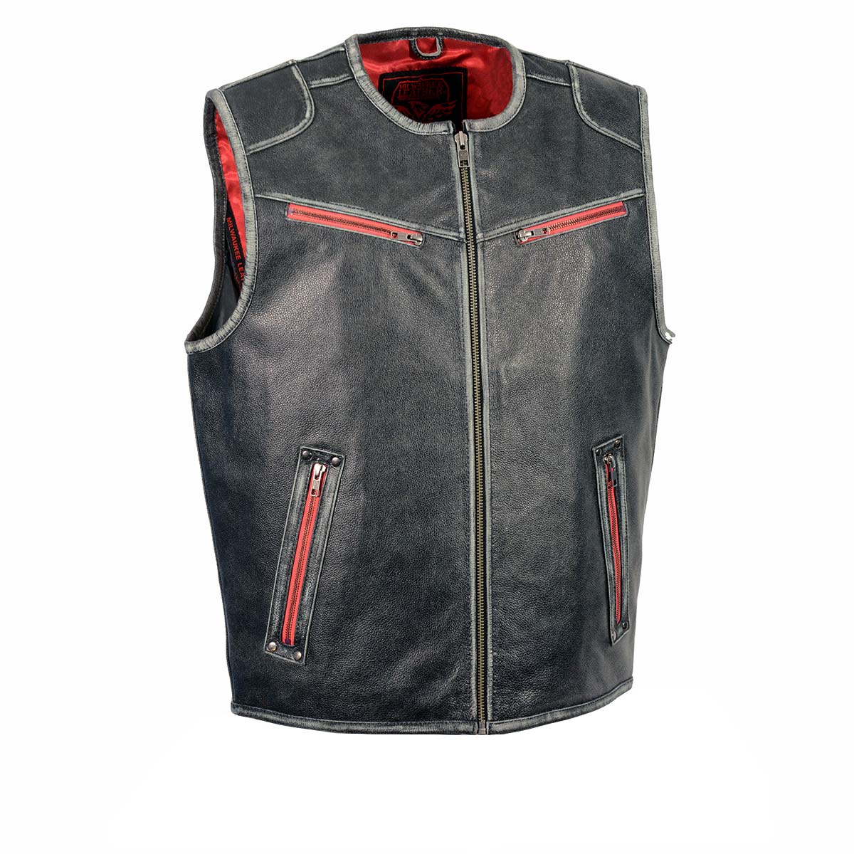 Milwaukee Leather MLM3535 Men's Vintage Grey Motorcycle Leather Vest with Zipper Color Accent