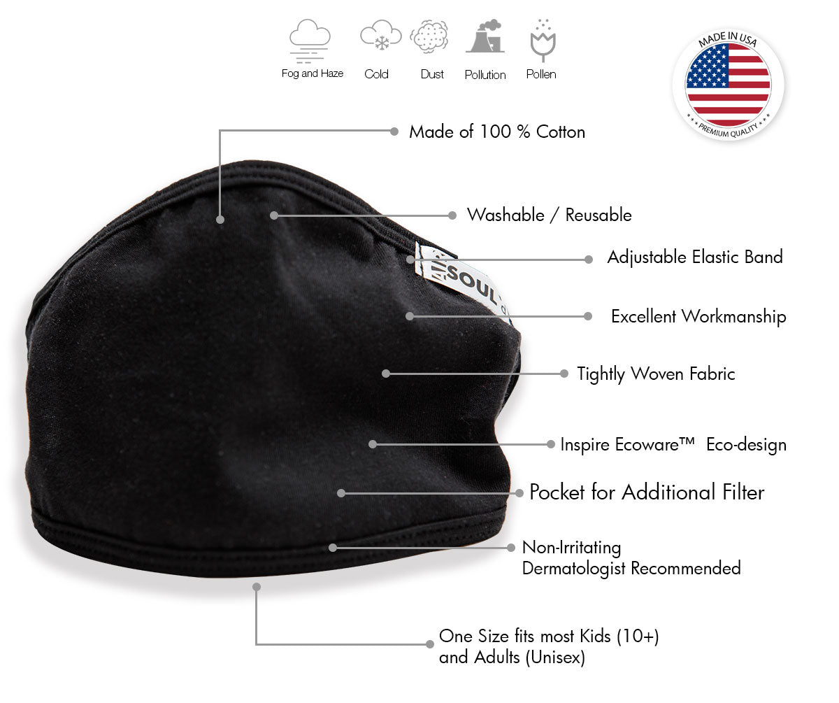 Air Soul MP7923FM USA Made Black Protective Face Mask with Optional Filter Pocket