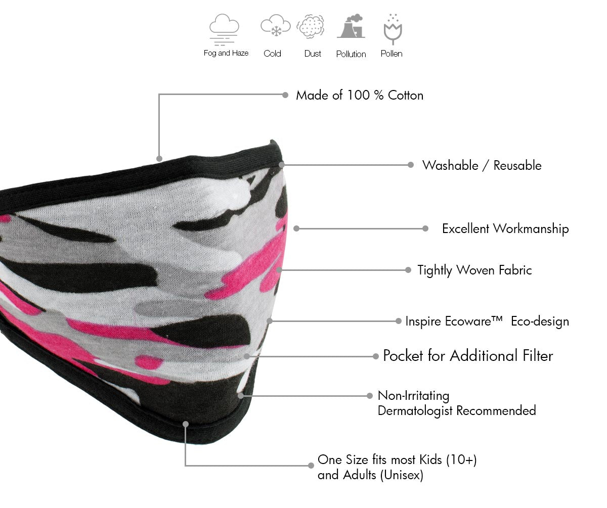 Milwaukee Leather (Multi-Pack) MP7924FM Ladies 'Camouflage Pink' 100 % Cotton Protective Face Mask with Optional Filter Pocket