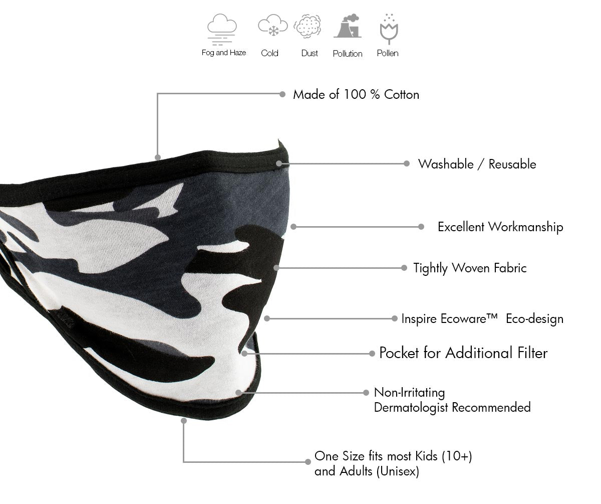 Milwaukee Leather (Multi-Pack) MP7924FM 'Camouflage Grey' 100 % Cotton Protective Face Mask with Optional Filter Pocket