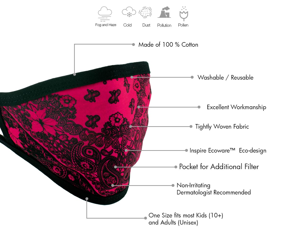 Milwaukee Leather FMD1012 Ladies 'Paisley Pink' 100 % Cotton Protective Face Mask with Optional Filter Pocket