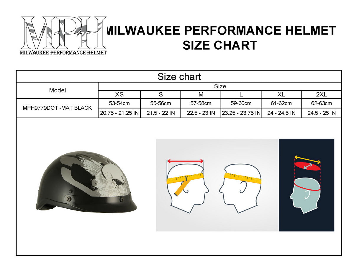 Milwaukee Helmets MPH9779 Black 'Silver Skull' DOT Half Helmet