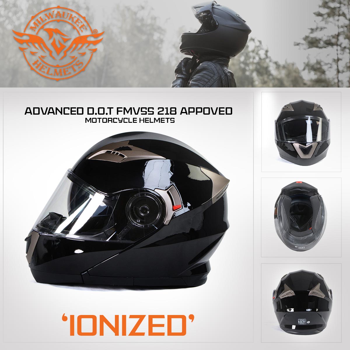 Milwaukee Helmets MPH9806DOT 'Ionized' Gloss Black Advanced Motorcycle Modular Helmet for Men and Women Biker w/ Drop Down Visor