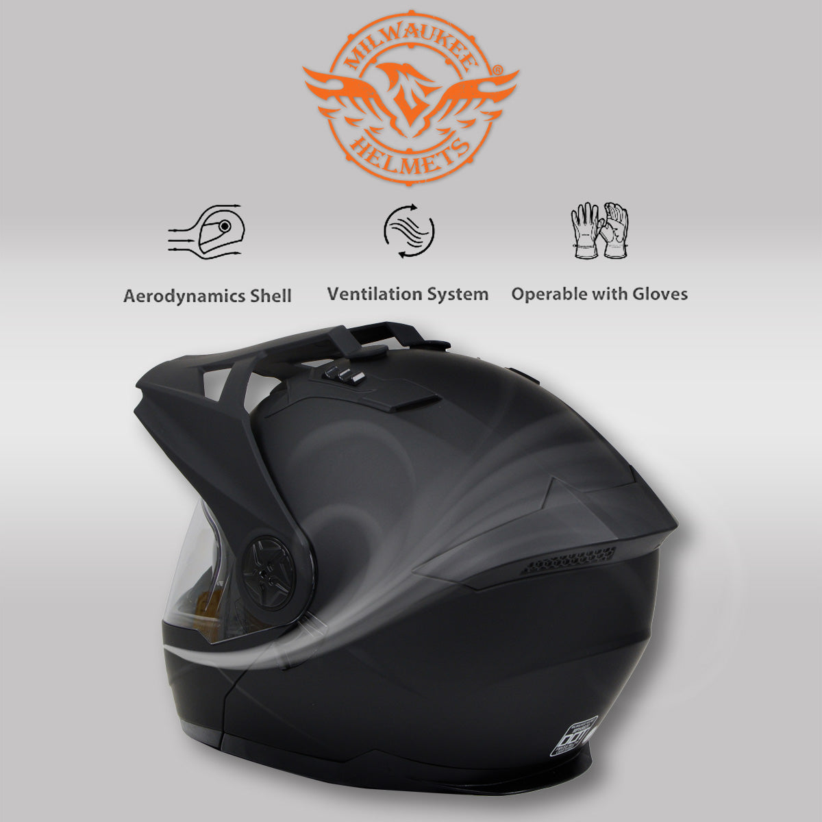 Milwaukee Helmets MPH9820DOT Flat Black 'Ominous' Dual Sport Advanced Motorcycle Modular Helmet for Men and Women Biker