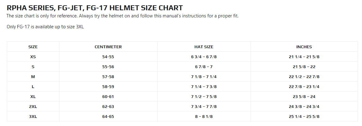 HJC FG-Jet Helmet Size Chart