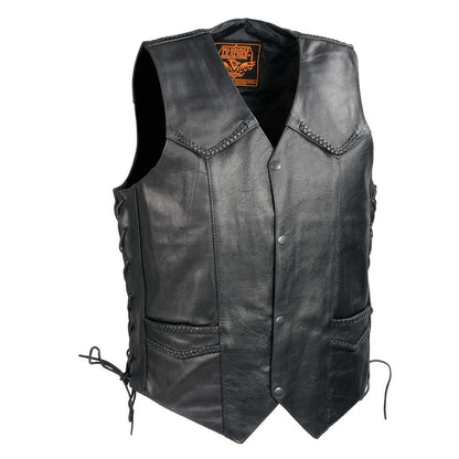 Milwaukee Leather SH1314 Men's Classic Black Braided Leather Vest with Side Laces