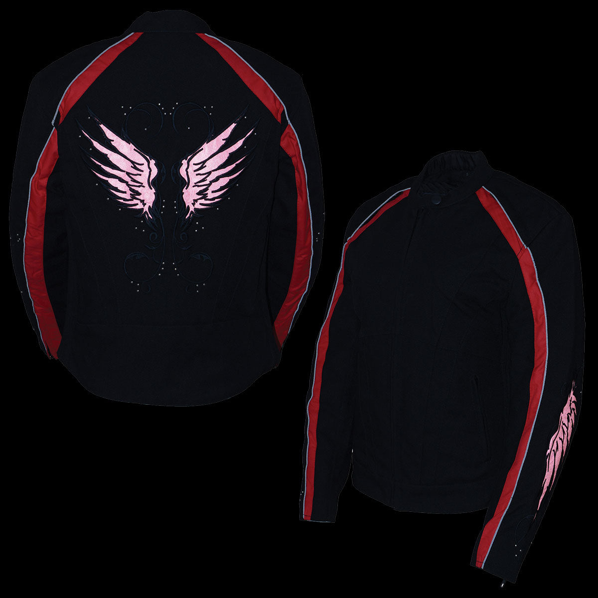Milwaukee Leather SH1954 Women's Black and Red Textile Jacket with Stud and Wings Detailing