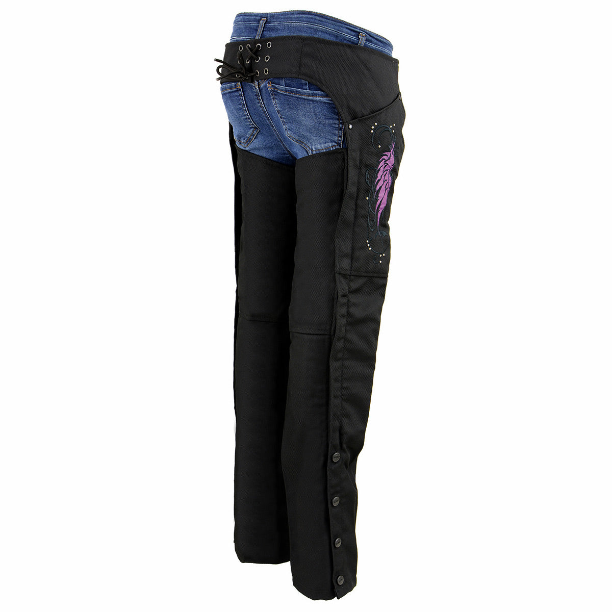 Milwaukee Leather SH1956 Women's 'Winged' Black and Purple Textile Chaps
