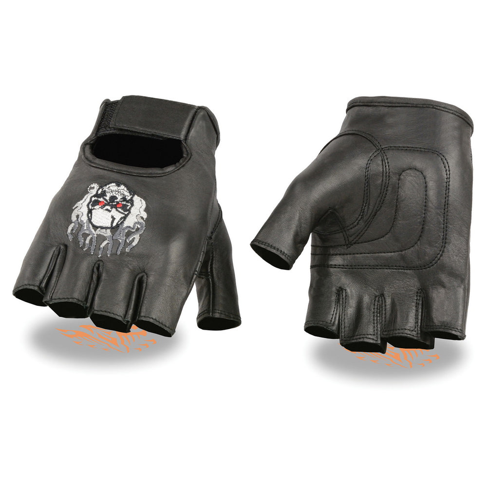 Xelement XG351 Men's Black 'Fire Skull' Embroidered Leather Fingerless Gloves