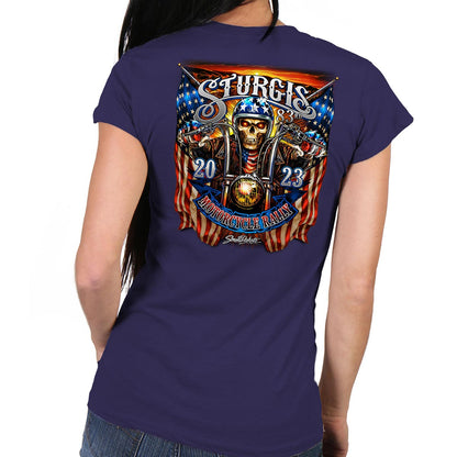Hot Leathers SPL1825 Women's Navy Blue 2023 Sturgis # 1 American Lady Double Sided T-Shirt