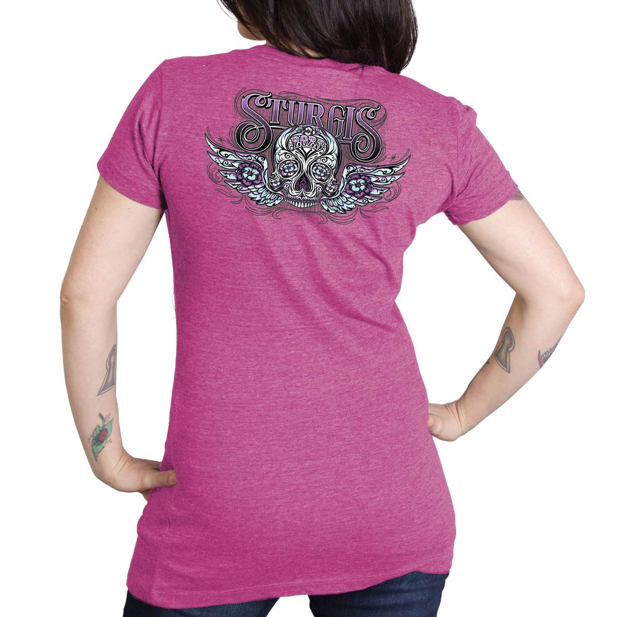 Hot Leathers SPL1828 Women's Heather Pink 2023 Sturgis Antique Sugar Skull T-Shirt