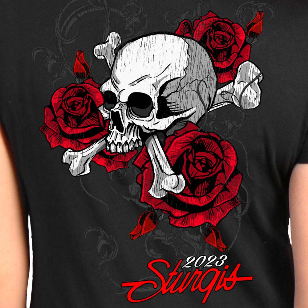 Hot Leathers SPL1856 Women's Black 2023 Sturgis Rally Skull Rose T-Shirt