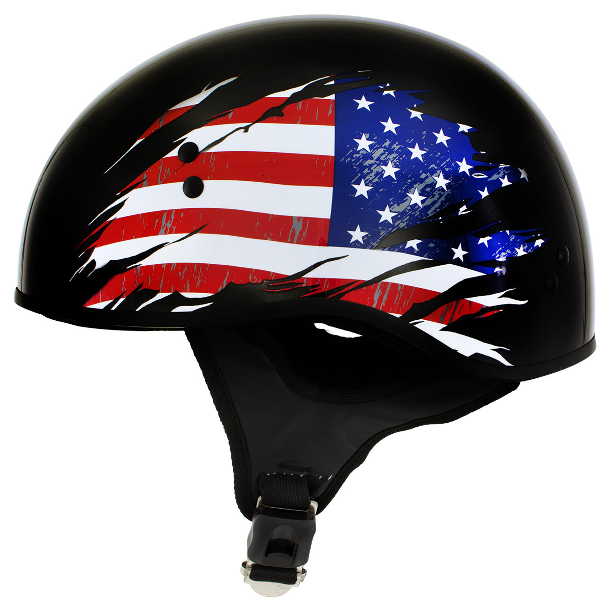 Outlaw T68 'Stars and Stripes' Advanced DOT Black Glossy Motorcycle Skull Cap Half Helmet