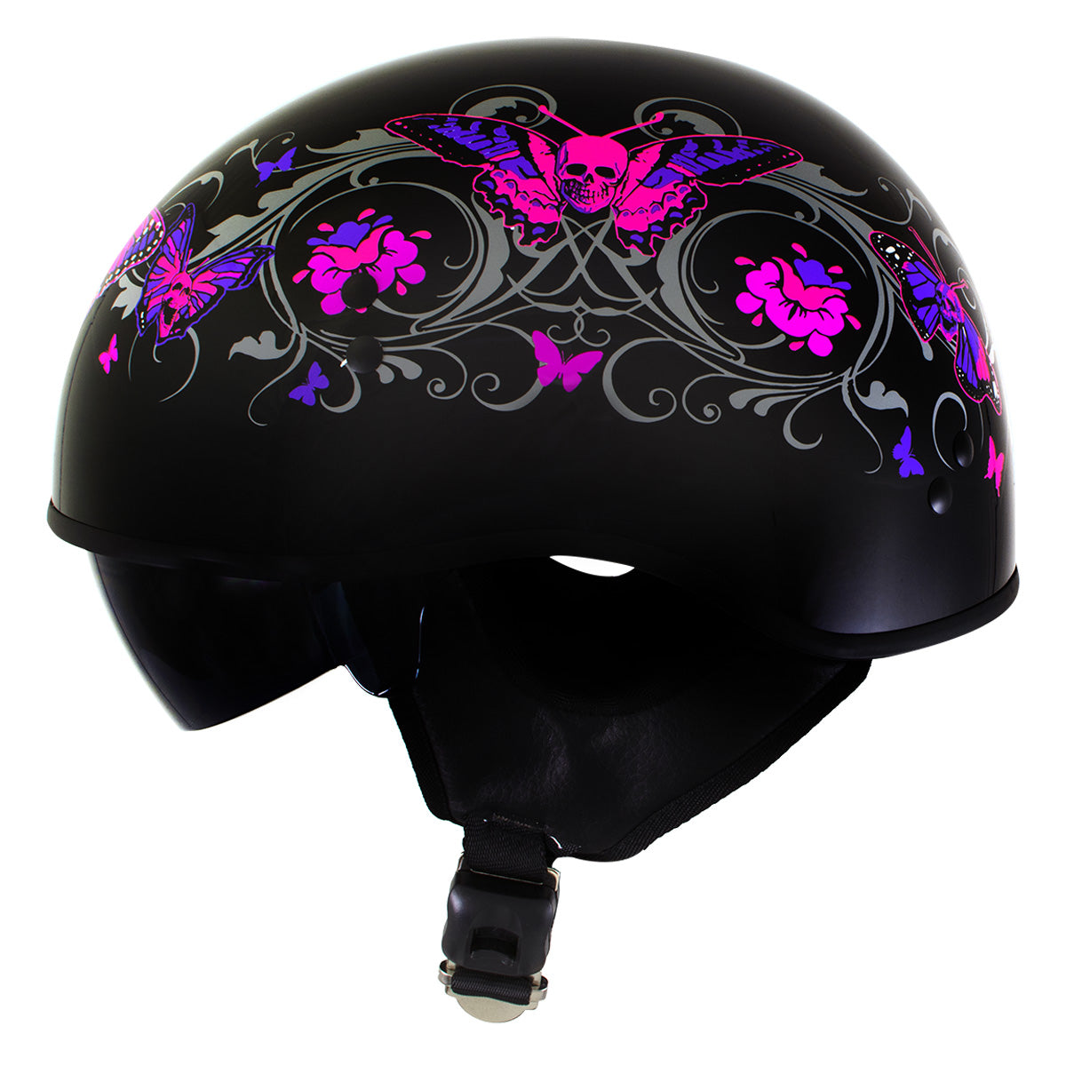 Outlaw T-72 'Flowers and Pink Skull Butterflies' Half DOT Helmet with Drop Down Tinted Visor