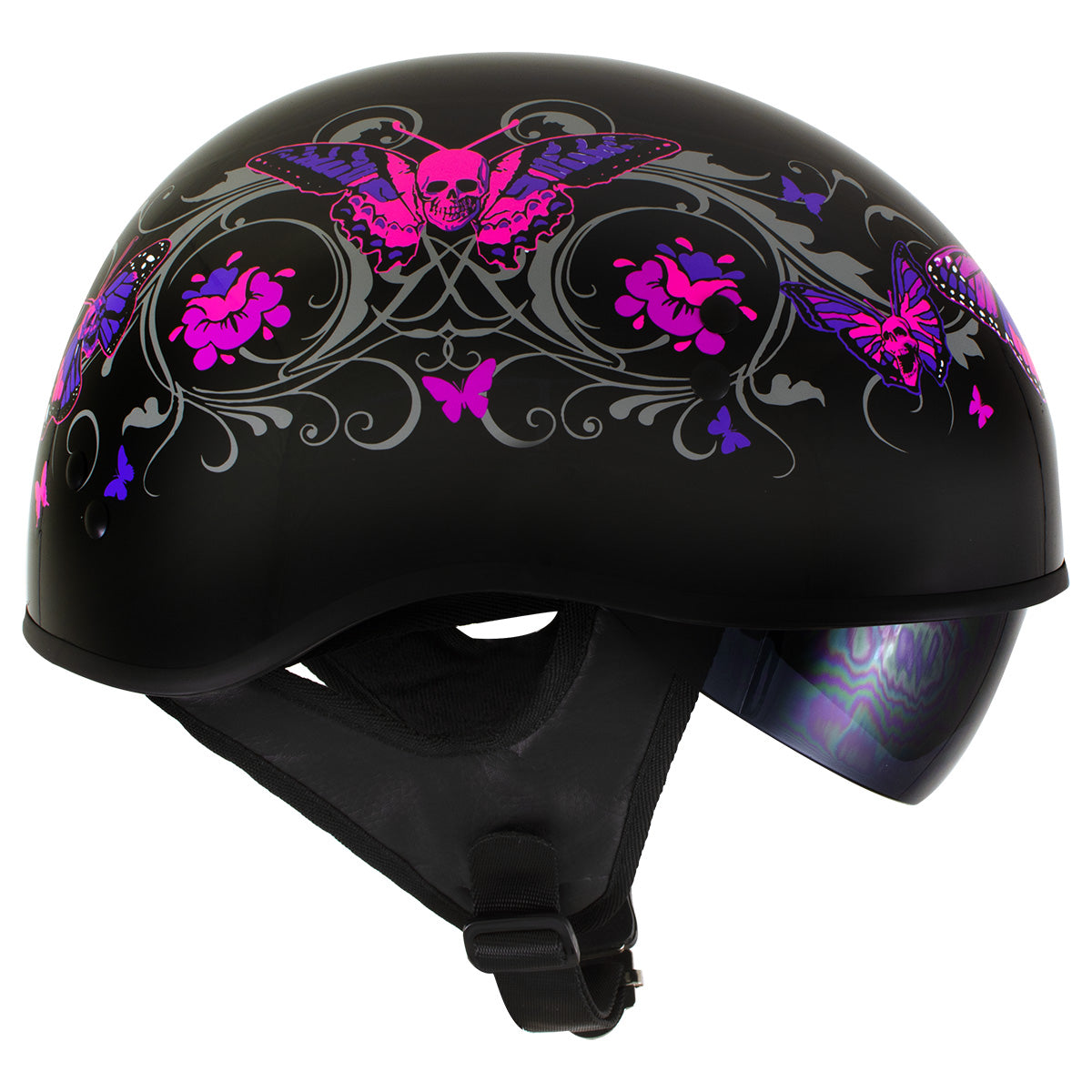Outlaw T-72 'Flowers and Pink Skull Butterflies' Half DOT Helmet with Drop Down Tinted Visor