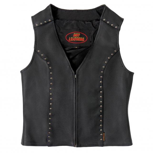 Hot Leathers VSL1015 Ladies Studded Black Leather Vest with V-Neck Design