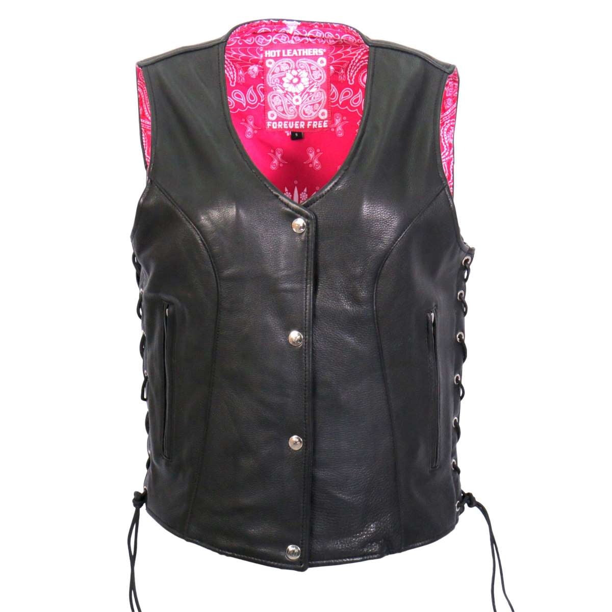 Hot Leathers VSL1018 Ladies 'Pink Paisley' Lined Black Leather MC Vest