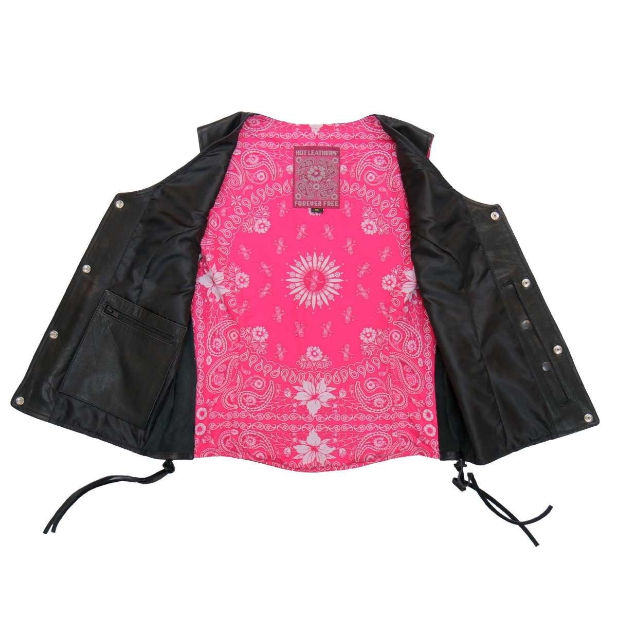 Hot Leathers VSL1018 Ladies 'Pink Paisley' Lined Black Leather MC Vest