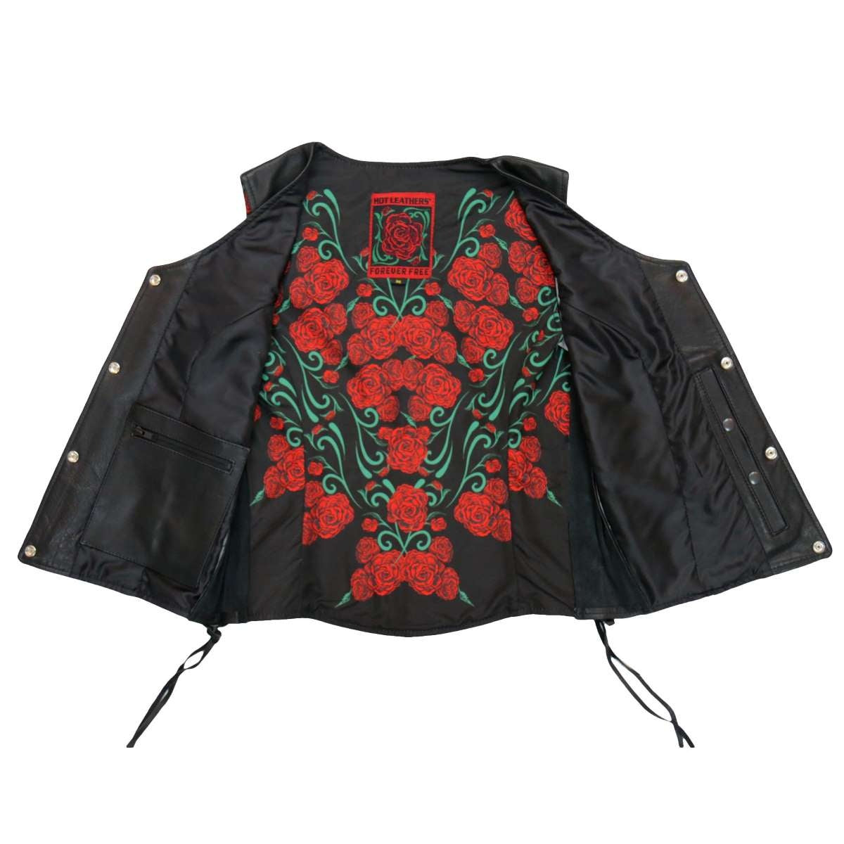 Hot Leathers VSL1019 Ladies 'Red Rose' Lined Black Leather MC Vest
