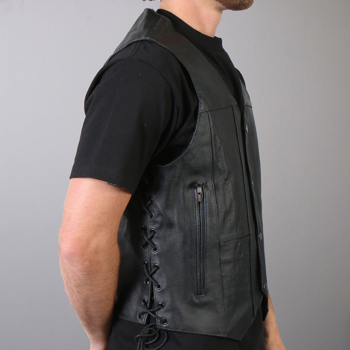 Hot Leathers VSM1017 Men's Black '10 Pocket' Leather Vest with Side Laces