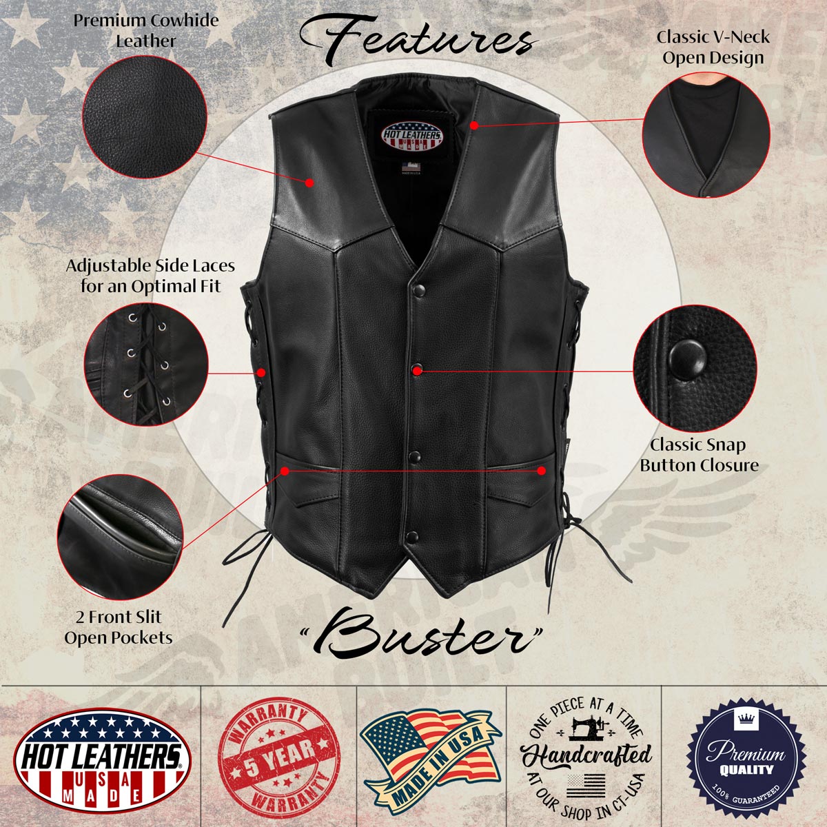 Hot Leathers VSM5008 USA Made Men's 'Buster' Black Side Lace Premium Leather Vest