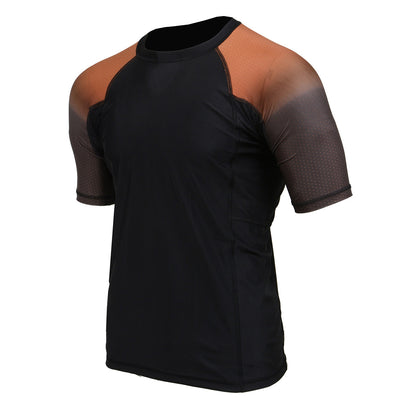 X-Fitness XFM7001 Men's Black and Brown Short Sleeve Compression Rash Guard Athletic Shirt- MMA, BJJ, Wrestling, Cross Training