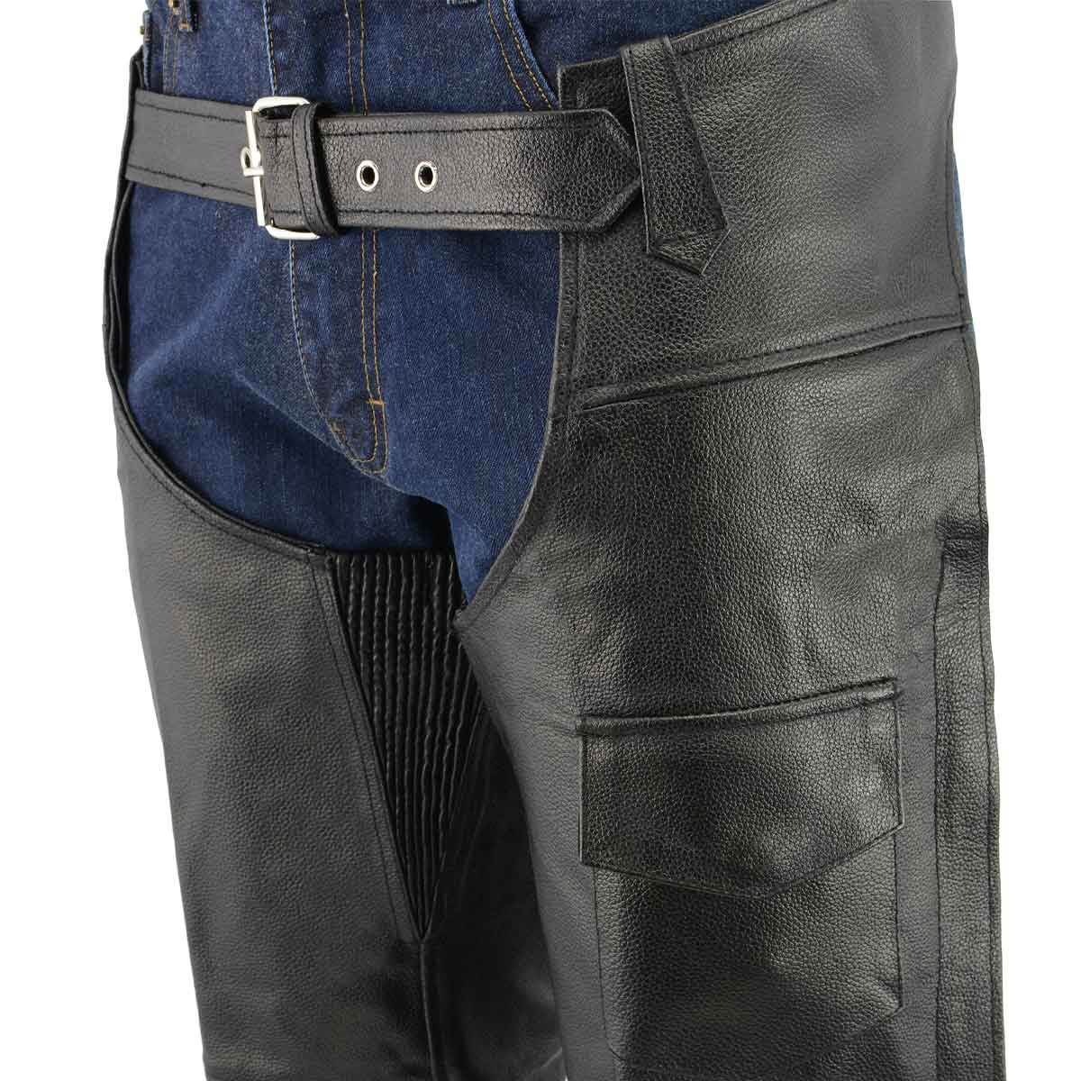 Men's XS405 Classic Black Thermal Lined Leather Motorcycle Chaps with Outside Flap Pocket